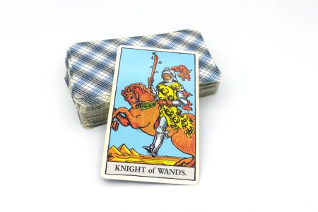 Téléchargez les photos : BANGKOK THAILAND - JANUARY 10, illustrative editorial Rider Waite tarot card isolated, tarot reading concept. Tarot card "Knight of Wands" on January 10, 2023. - en image libre de droit