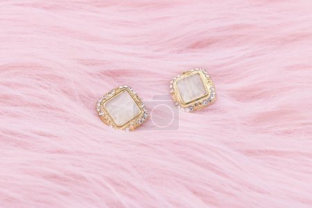 Téléchargez les photos : Earrings jewelry, Close up of a pair of luxury earrings on a pink background. Elegant earrings for women. - en image libre de droit