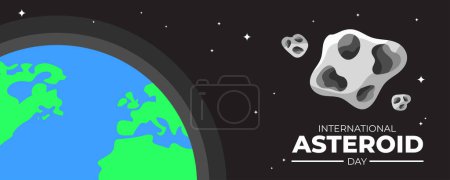 International Asteroid Day on 30 June Banner Background. Outer Space Concept With Earth and Asteroids. Horizontal Banner Template Design. Vector Illustration