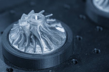 Foto de Las piezas de la turbina forman el proceso de impresión 3D de metal en la luz. El metal de alta tecnología que forma por la impresora 3D del metal. - Imagen libre de derechos