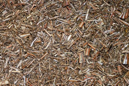 Close-up scene of  the broken chip of brass materials scrap from turning process. The pile of broken chip from turning machine