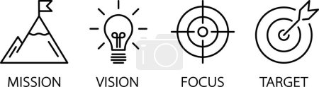 Illustration for Linear icons of mission, vision, focus and target for web page simple template - Royalty Free Image