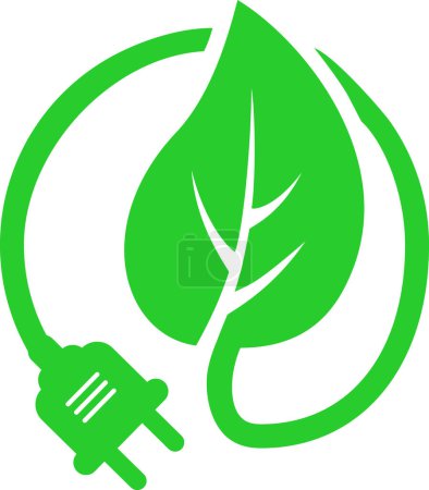 Téléchargez les illustrations : Symbole d'énergie verte sous la forme d'un fil avec une prise de courant et une feuille comme concept d'énergie renouvelable - en licence libre de droit