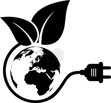 Téléchargez les illustrations : Symbole énergétique sous la forme d'un fil avec une prise de courant et une feuille et la planète Terre comme concept d'énergie renouvelable - en licence libre de droit