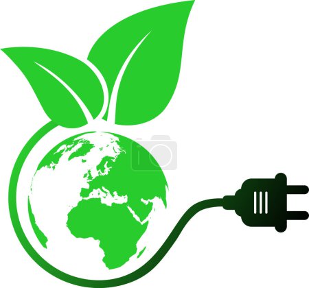 Téléchargez les illustrations : Symbole d'énergie verte sous la forme d'un fil avec une prise de courant et une feuille et la planète Terre comme concept d'énergie renouvelable - en licence libre de droit