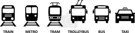 Bus, Straßenbahn, Obus, U-Bahn, Zug und Taxi, Symbole als Zeichen des städtischen Personenverkehrs