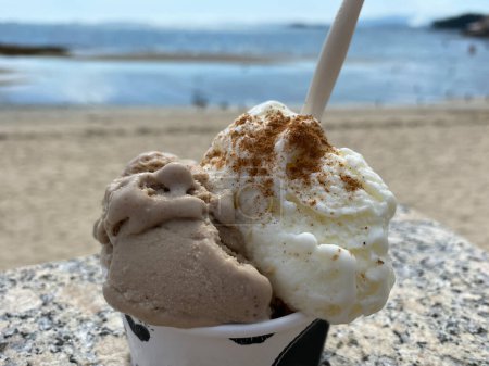 Téléchargez les photos : Sun, Sand, and Scoops: Hazelnut and Tiramisu homemade Ice Cream by the Beach. - en image libre de droit