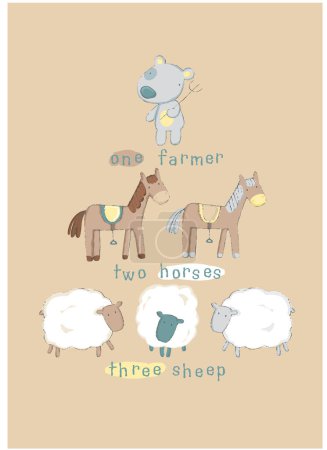 Illustration for Farmer with sheep and horses, Cute T-shirt design for kids, vector illustration. graphic Print designs for baby. Can be used for fashion print design, kids wear, girls clothes, poster, nursery wall decor, background and wallpaper - Royalty Free Image
