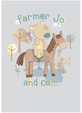 Illustration for Farmer bear on horse, Cute T-shirt design for kids, vector illustration. graphic Print designs for baby. Can be used for fashion print design, kids wear, girls clothes, poster, nursery wall decor, background and wallpaper - Royalty Free Image