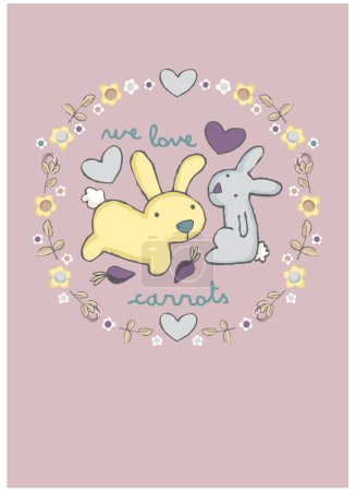Illustration for Cute Bunnies with carrots, T-shirt design for kids, vector illustration. graphic Print designs for baby. Can be used for fashion print design, kids wear, girls clothes, poster, nursery wall decor, background and wallpaper - Royalty Free Image