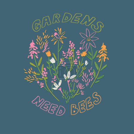 Illustration for GARDEN NEED BEES FLORAL GRAPHIC IN VECTOR - Royalty Free Image