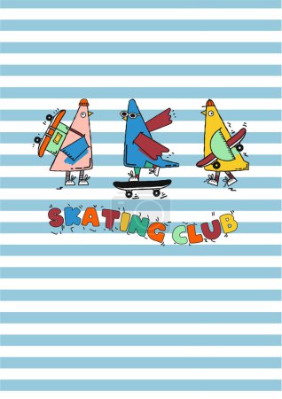 Illustration for KIDS BEACH SKATER CLUB AND CREW BIRDS STRIPE SKY SLOGAN GRAPHIC VECTOR - Royalty Free Image