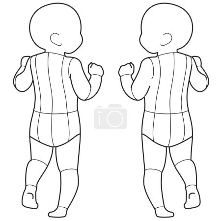 Illustration for KIDS INFANT TODDLER YOUNG GIRLS FRONT SIDE AND BACK POSE CROQUIS FLAT VECTOR SKETCH - Royalty Free Image