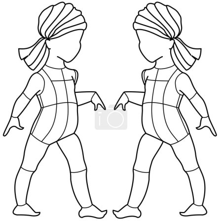Illustration for KIDS INFANT TODDLER YOUNG GIRLS FRONT SIDE AND BACK POSE CROQUIS FLAT VECTOR SKETCH - Royalty Free Image