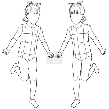 Illustration for TEEN GIRLS FRONT BACK AND SIDE POSE MANNEQUIN AND CROQUIS VECTOR SKETCH - Royalty Free Image