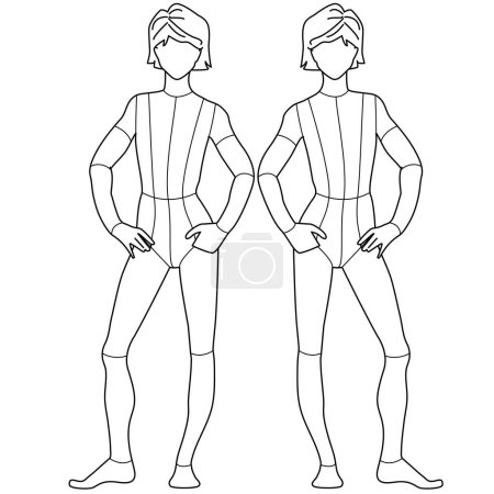 Illustration for TEEN GIRLS FRONT BACK AND SIDE POSE MANNEQUIN AND CROQUIS VECTOR SKETCH - Royalty Free Image