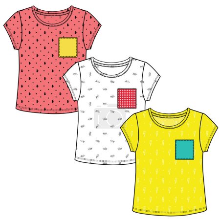 Illustration for KIDS AND TEEN GIRLS WEAR GRAPHIC T-SHIRTS SET PLAIN AND WITH ALL OVER PRINT VECTOR - Royalty Free Image