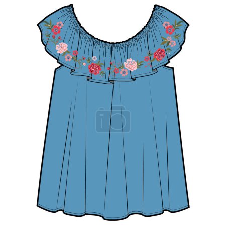 Illustration for GIRLS AND TEENS WOVEN FRILLS TOP WITH FLORAL EMBROIDERY VECTOR - Royalty Free Image