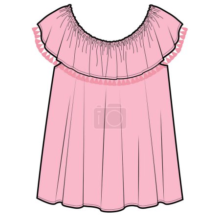 Illustration for GIRLS AND TEENS WOVEN FRILL DRESS WITH FLORAL EMBROIDERY VECTOR - Royalty Free Image