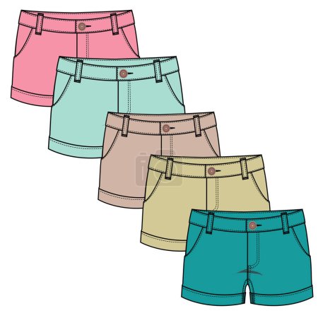 Illustration for Female color denim shorts set, vector illustration - Royalty Free Image