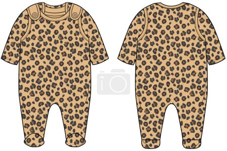 Illustration for BABY WEAR ROMPER AND PLAYSUIT LEOPARD SKIN PRINT FRONT AND BACK VECTOR SKETCH - Royalty Free Image