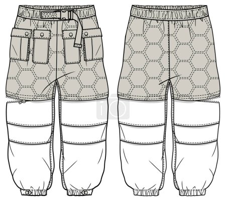Téléchargez les illustrations : Illustration vectorielle d'un pantalon modulaire garçon devant et derrière une maquette. Modèle à la mode. - en licence libre de droit