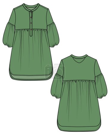 Ilustración de Las mujeres y las niñas usan vestido verde de moda, diseño de boceto vectorial frontal y posterior - Imagen libre de derechos