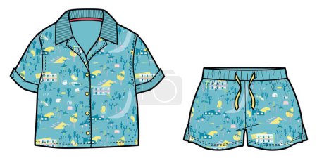 Illustration for KIDS RESORT WEAR COORDINATE SET TEE AND SHORTS. VECTOR SKETCH - Royalty Free Image