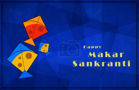 Téléchargez les photos : Happy Makar Sankranti Wishing Card With Kites, String Spools And Laddu Bowl On Blue Background. - en image libre de droit