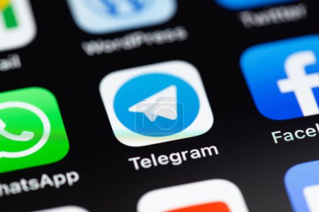 Photo for Telegram mobile icon app on screen smartphone iPhone interface closeup. Telegram - cross-platform messenger. Batumi, Georgia - July 10, 2022 - Royalty Free Image