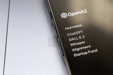 Photo for OpenAI website on the screen smatrphone closeup. OpenAI is an American company that develops and licenses technologies based on machine learning. Batumi, Georgia - February 3, 2023 - Royalty Free Image