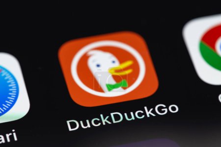 Photo for DuckDuckGo icon app on the screen smartphone iPhone closeup. DuckDuckGo is a search engine. Batumi, Georgia - March 1, 2023 - Royalty Free Image