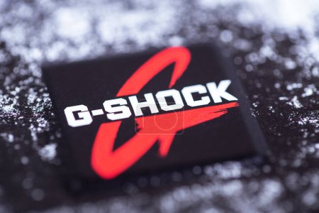Photo for Casio G-Shock logo metal box closeup. G-Shock is a line of watches manufactured by Japanese electronics company Casio. Batumi, Georgia - April 4, 2023 - Royalty Free Image