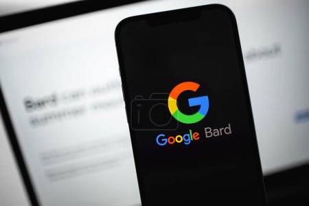 Photo for Google Bard (AI ChatBot) logo on a screen smartphone iPhone. Bard is a conversational generative artificial intelligence chatbot developed by Google. Batumi, Georgia - April 26, 2023 - Royalty Free Image