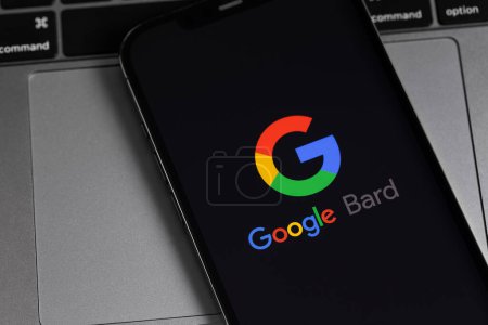 Photo for Google Bard logo on a screen smartphone iPhone. Bard is a conversational generative artificial intelligence chatbot developed by Google. Batumi, Georgia - April 26, 2023 - Royalty Free Image