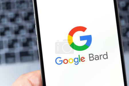 Photo for Google Bard logo on a smartphone screen closeup. Bard is a conversational generative artificial intelligence chatbot developed by Google. Batumi, Georgia - April 26, 2023 - Royalty Free Image