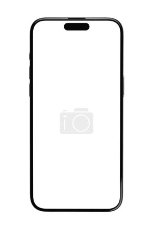 Foto de Mockup smartphone iPhone 15 Pro Max pantalla blanca aislada en blanco sobre un fondo blanco. Apple es una empresa multinacional de tecnología. Batumi, Georgia - 28 de octubre de 2023 - Imagen libre de derechos