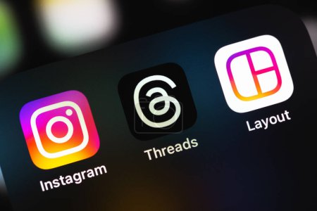 Photo for Instagram, Threads, Layout mobile apps on a screen smartphone iPhone closeup. Instagram is a photo-sharing app for smartphones. Batumi, Georgia - November 5, 2023 - Royalty Free Image
