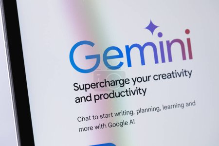 Photo for Google Gemini AI logo on a display laptop, notebook closeup. Google announced Gemini, a large language model developed by subsidiary Google DeepMind. Batumi, Georgia - February 11, 2024 - Royalty Free Image
