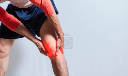 Person with leg muscle pain isolated. Sore man with leg muscle pain. People with leg muscle inflammation isolated. Muscle tear concept, Medical problem of man with leg muscle pain