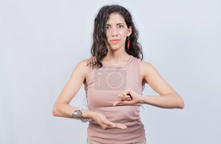 Photo for Woman Interpreter gesturing in sign language isolated. People gesturing in sign language isolated. Girl gesturing in sign language - Royalty Free Image