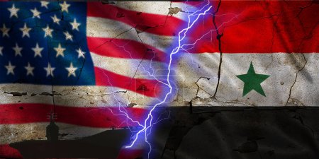 Foto de Bandera de EE.UU. vs Yemen en un muro agrietado. Conflicto entre Estados Unidos y Yemen. Tensión política entre Estados Unidos y Yemen - Imagen libre de derechos