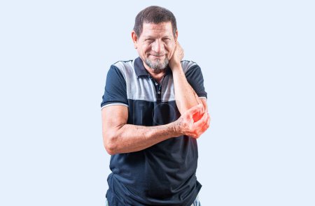 Photo for Mature man with elbow pain isolated. Elderly man suffering from elbow pain. Concept of Elbow Arthritis - Royalty Free Image