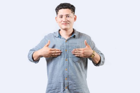 Photo for Interpreter person gesturing HAPPINESS in sign language. Smiling young man gesturing HAPPINESS in sign language - Royalty Free Image