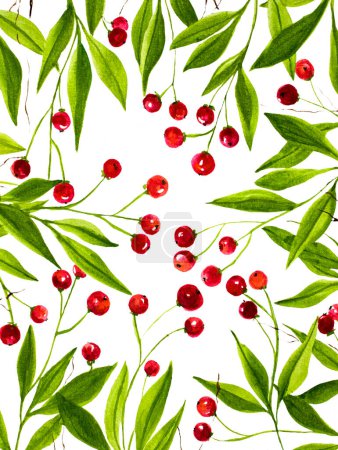 Akwarela tło z czerwonymi jagodami i zielonymi liśćmi. Ręcznie rysowane tło botaniczne do projektowania lub drukowania. Wesołe i jasne kartki świąteczne.