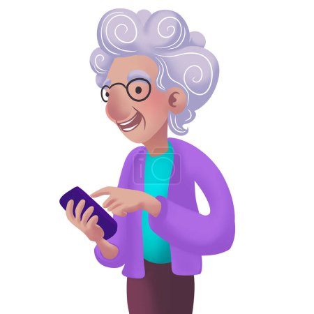 Foto de Ilustración de una anciana sonriente con un personaje de smartphone - Imagen libre de derechos