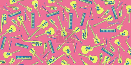 Photo for Music instruments illustration doodles - guitar, bass guitar, drums, piano and saxophone theme - Royalty Free Image