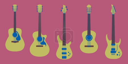 Téléchargez les photos : Illustration de styles de guitares - guitare électrique, folk, classique et basse - thème du design plat - en image libre de droit
