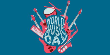 Foto de Banner de diseño del día de la música mundial - tema de ilustración de guitarras e instrumentos - Imagen libre de derechos
