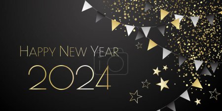 Feliz Año Nuevo 2024 Brillo negro y oro - Diseño festivo